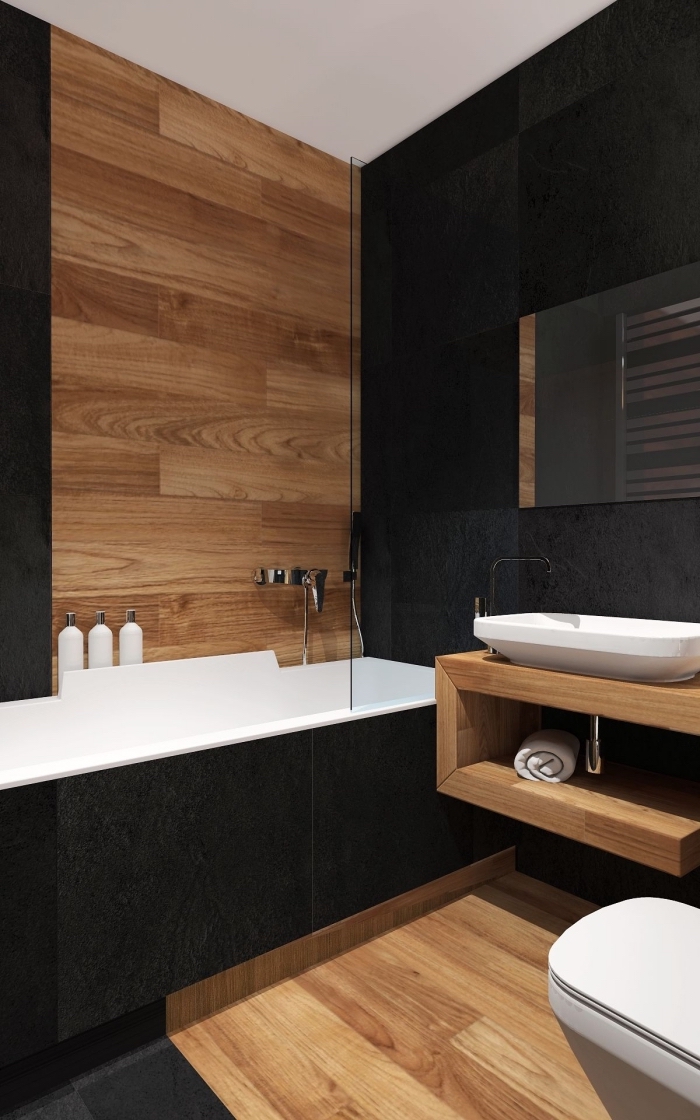 exemple de salle de bain noir et bois avec accents en blanc, idée carrelage salle de bain moderne en nuance foncée 