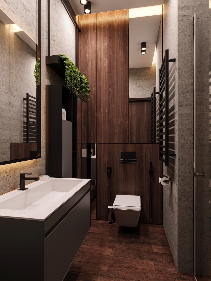 agencement salle de bain 6m2 avec meubles en bois, idée revêtement mural pour salle de bain avec dalles à imitation pierre grise