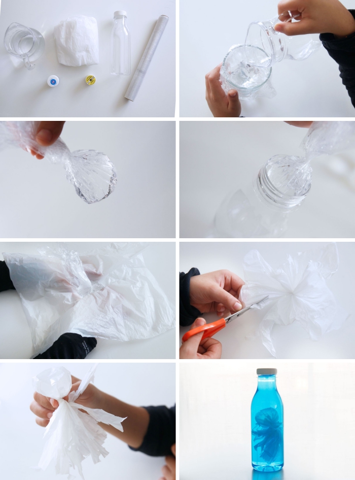 tutoriel facile pour faire une bouteille océan avec méduse en plastique, activité manuelle maternelle facile, remplir une bouteille avec eau colorée en bleu