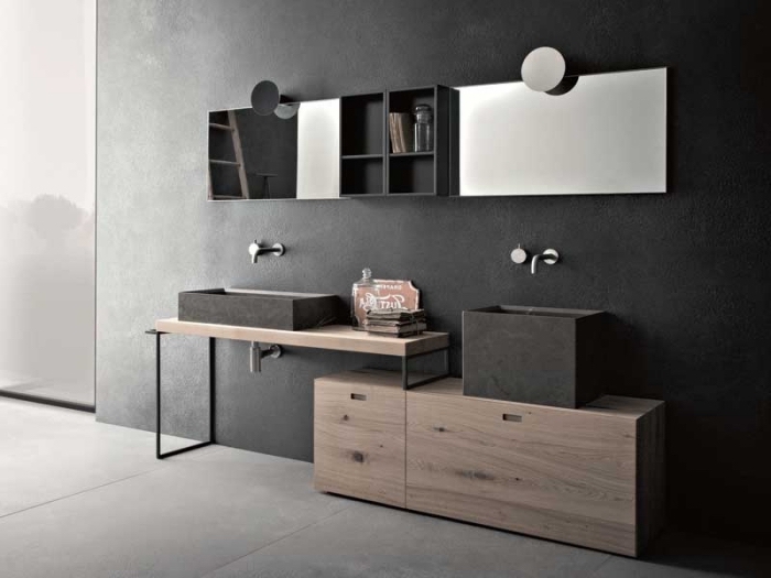 salle de bain tendance aux murs foncés en gris anthracite avec sol à dalles gris effet béton, idée meuble bicolore bois et noir mate