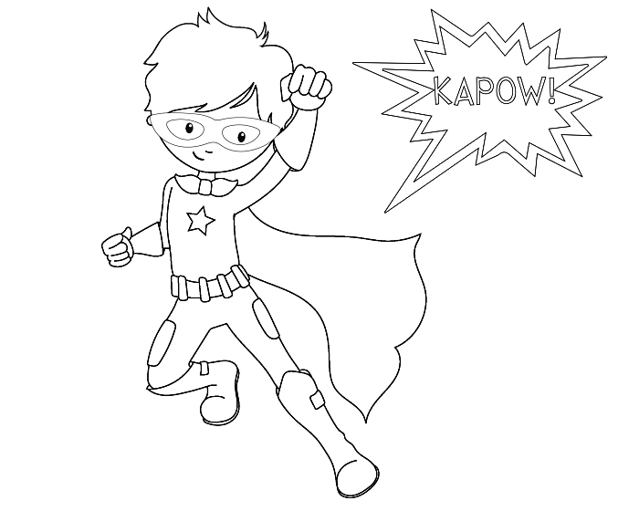 coloriage facile sur le thème super-héros, coloriage garçon super-héros en costume avec cape et une bulle de bande dessinée à colorier