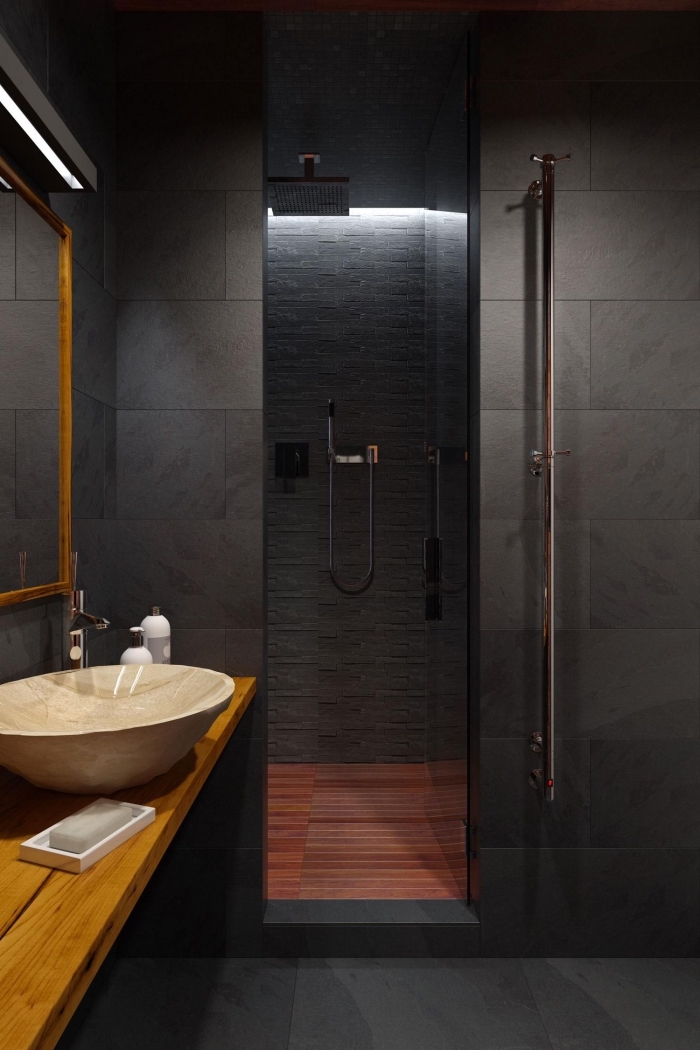 aménagement salle de bain petit espace avec cabine de douche, meuble salle de bain bois et noir, couleurs tendance intérieur contemporain