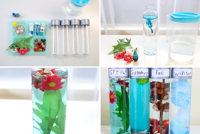 que faire en classe avec montessori, modèles de petites bouteilles en verre remplies de l'eau colorée et petites fleurs