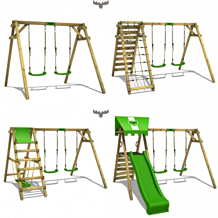 différents modèles de portique de jeu fatmoose avec double balançoire, toboggan ou plateforme d'escalade