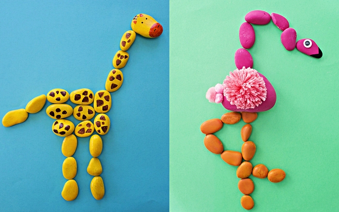 activité manuelle facile et rapide avec des cailloux peints, réaliser des animaux en galets, girafe et flamant rose réalisés en galets 