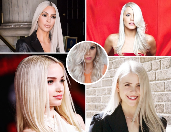 exemples de coloration patine blond parmi les célébrités, Kim Kardashian aux cheveux longs blancs avec racines noires