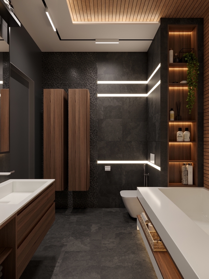 design intérieur contemporain aux couleurs foncés et accents bois, modèle de salle de bain grise anthracite avec meuble bois foncé