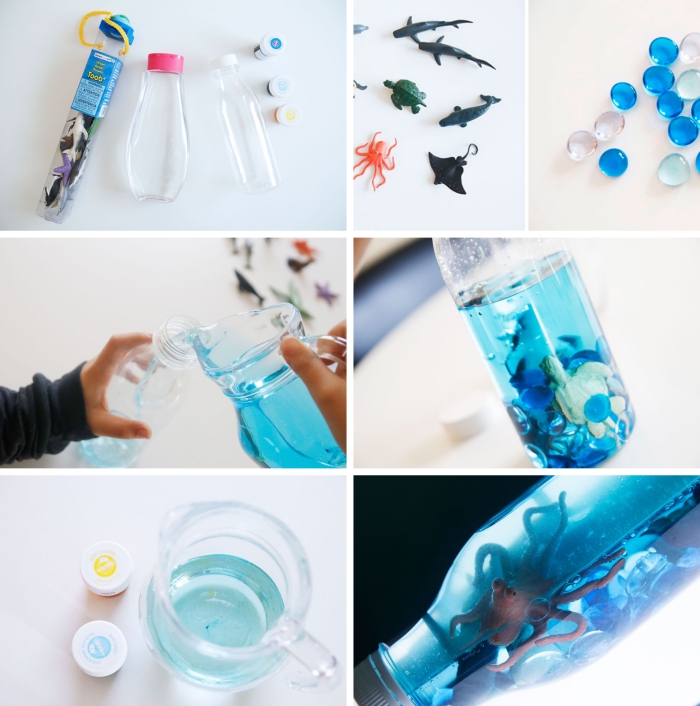 activité manuelle dans une ambiance montessori, loisir créatif pour tout petit, tutoriel pour réaliser une bouteille océan