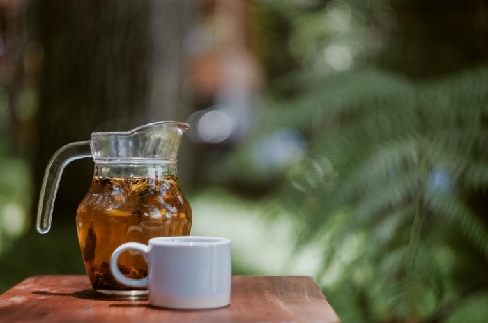idée boisson gingembre sans sucre, recette thé glacé vert aux herbes fraîches, pichet boisson froide au thé vert