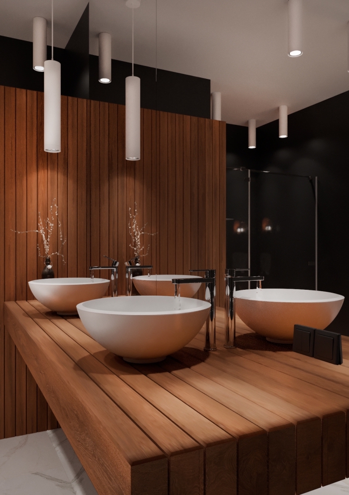 design intérieur moderne dans une salle de bain au plafond et sol blancs avec murs noirs et pan de mur en bois