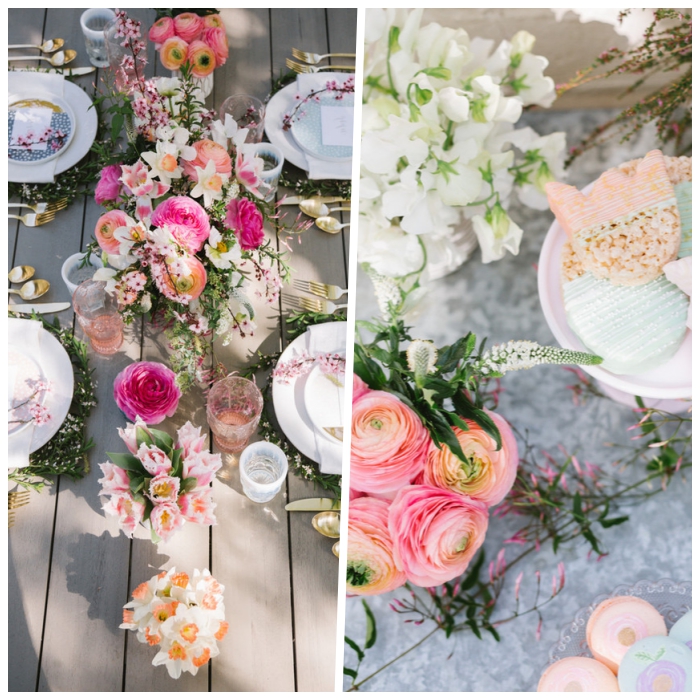 deco de table anniversaire, chemin de table en vases avec des fleurs, assiettes arrangées, déco fête champêtre