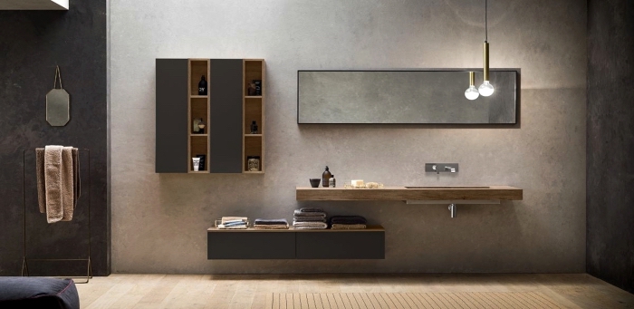 quelles couleurs combiner avec le gris anthracite dans la déco, meuble salle de bain bois foncé avec portes gris anthracite