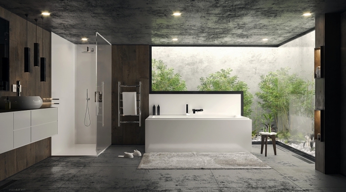 comment décorer une salle de bain moderne, idée revêtement plafond salle de bain avec dalles à effet béton gris anthracite, meuble salle de bain bois