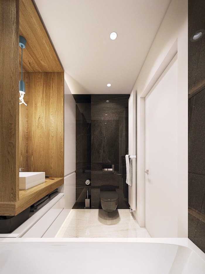 modèle de salle de bain tendance, décoration salle de bain aux murs blancs avec pan de mur en noir et espace lavabo en bois
