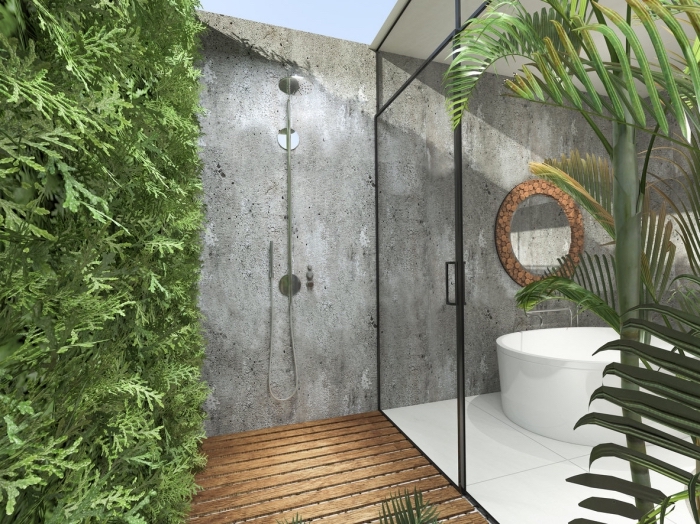 design extérieur de style industriel aux murs béton et carrelage blanc, décoration salle de bain extérieure avec terrasse en bois