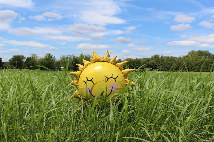 Ballon gonflable jaune à la forme de soleil souriant, peleuse et ciel bleu, fond d'écran tropical, image fond d'écran paysage