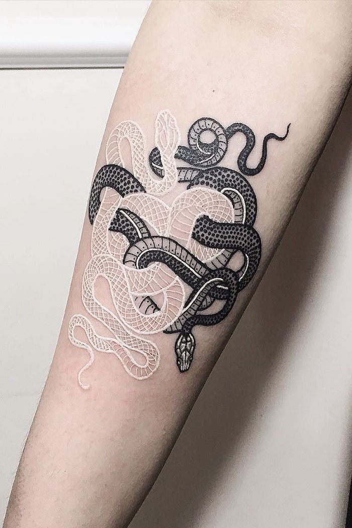 serpents entrelacés, tatouage avant bras en noir et blanc, tatouage femme originale, modele tatouage extravagant