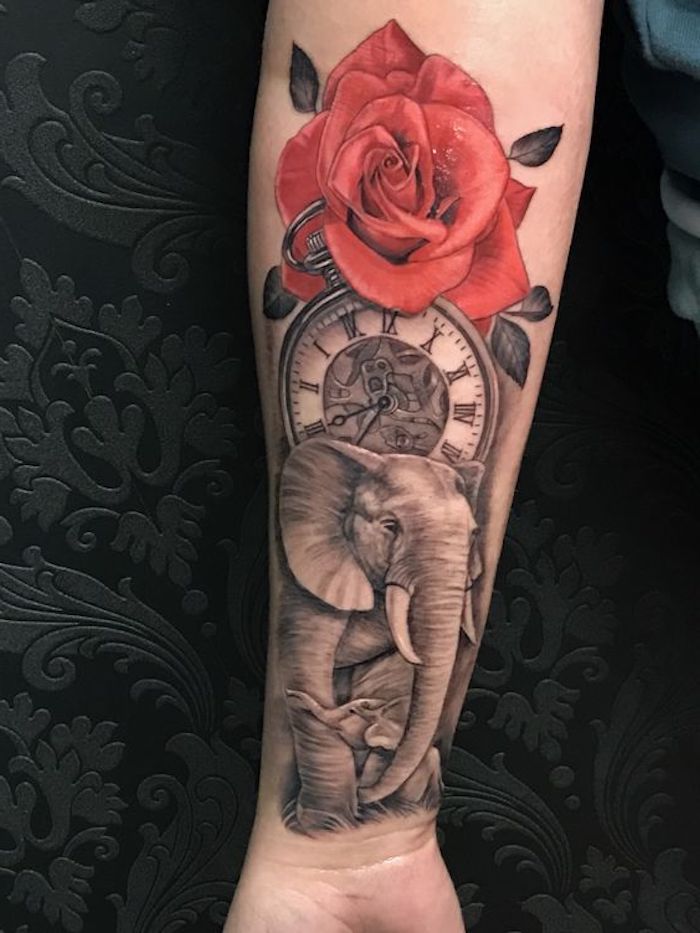 tatouage éléphant, horloge vintage et rose rouge, proposition de tatouage pour femme old school