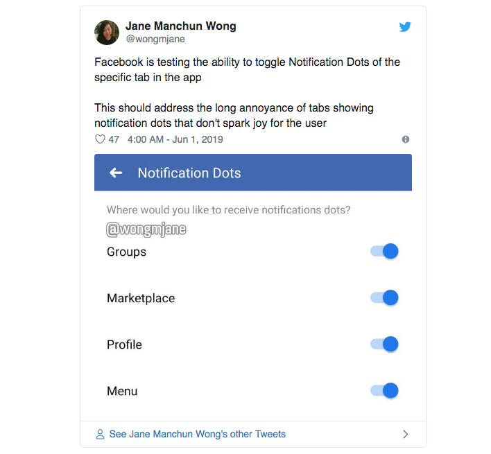 Jane Manchun Wong a découvert que Facebook testait actuellement une nouvelle option permettant de limiter l'apparition de notifications rouges dans l'application Facebook