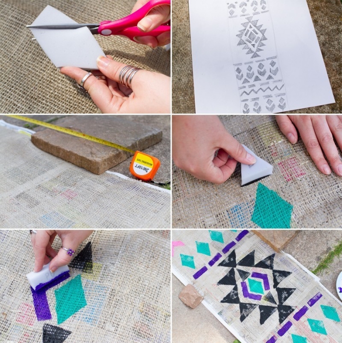 les étapes pour faire un chemin de table en tissu à lin, application de motifs géométriques sur le chemin de table 