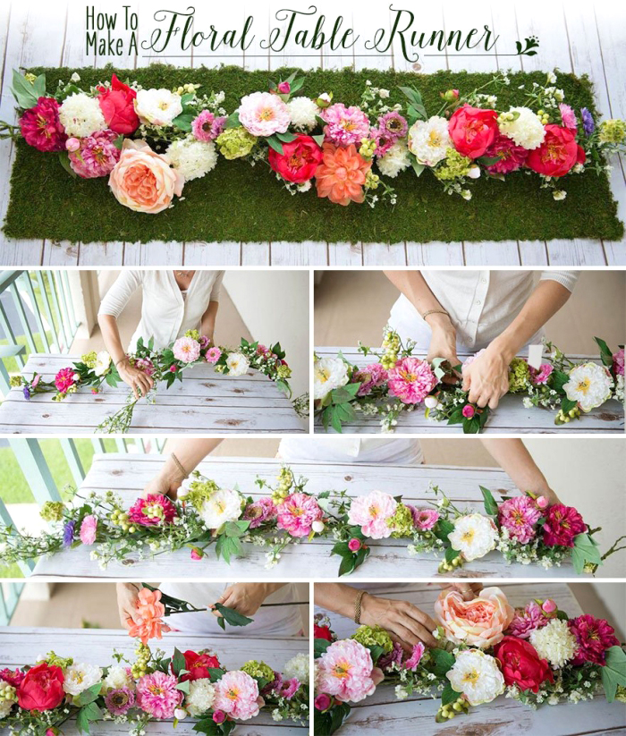 idée déco table avec couronne de fleurs, pelouse verte artificielle, roses et dahlias en couleurs pastel assemblés en guirlande florale