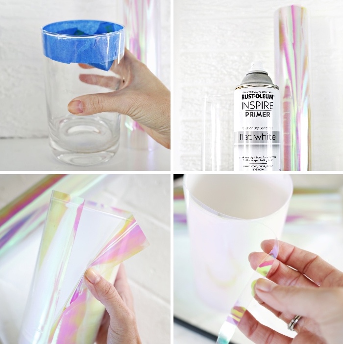 deco de table avec vase enrobé de papier holographique, déco de table facile à faire