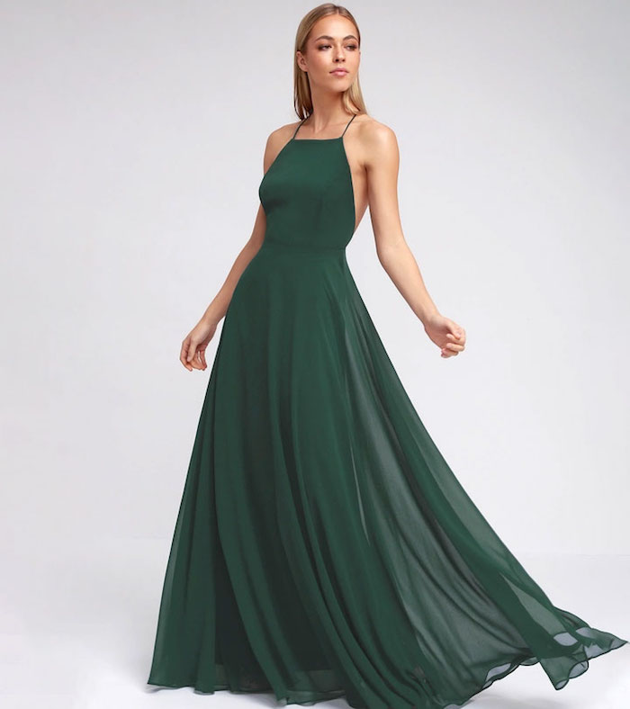 Verte robe longue évasée, robe habillée, robe de soirée chic, idée robe mariage invité 