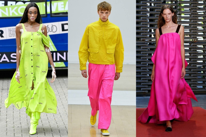 Robe longue couleur néon, combinaison femme soirée, mode d'été 2019, femme et homme habillées en tenue coloré néon tendance