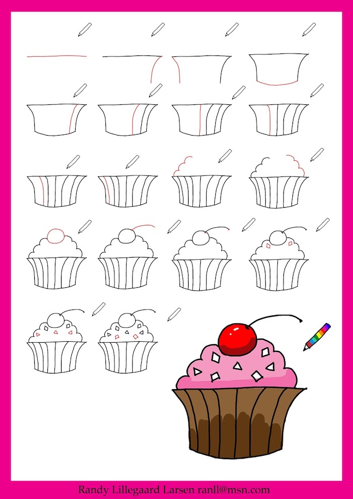 Cupcake avec cerise en top, cool dessin à faire soi-meme, tuto étape par étape dessin gateau, image joyeux anniversaire, dessin d'anniversaire