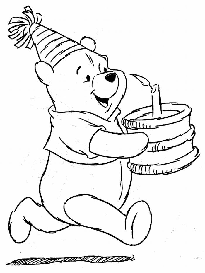 Pooh l'ourson avec un gâteau à la main, dessin gateau anniversaire et ourson mignon, dessin d'anniversaire simple en noir et blanc