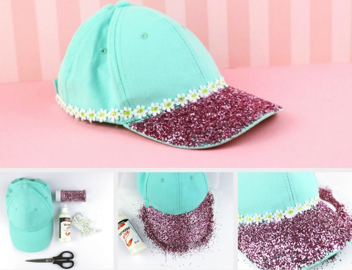 exemple comment décorer casquette avec paillette, diy accessoire mode à faire soi même, casquette turquoise avec fleurs et paillette