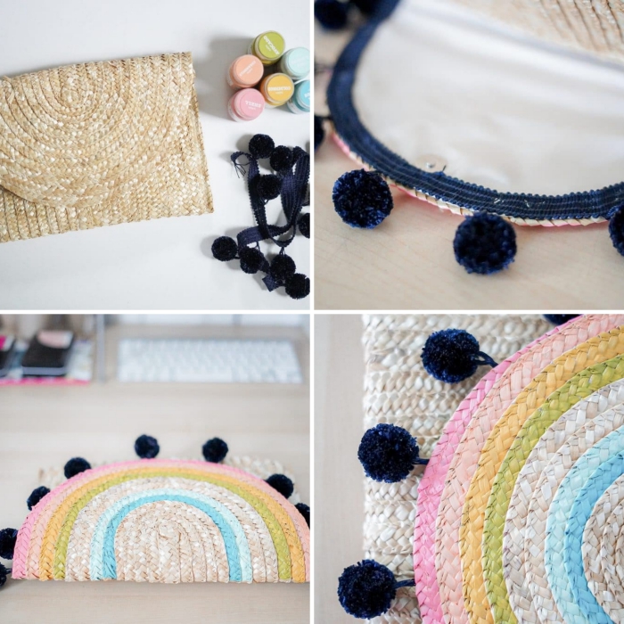 activité manuelle été, exemple comment décorer un sac à main tressé avec peintures aux couleurs pastel et pompons
