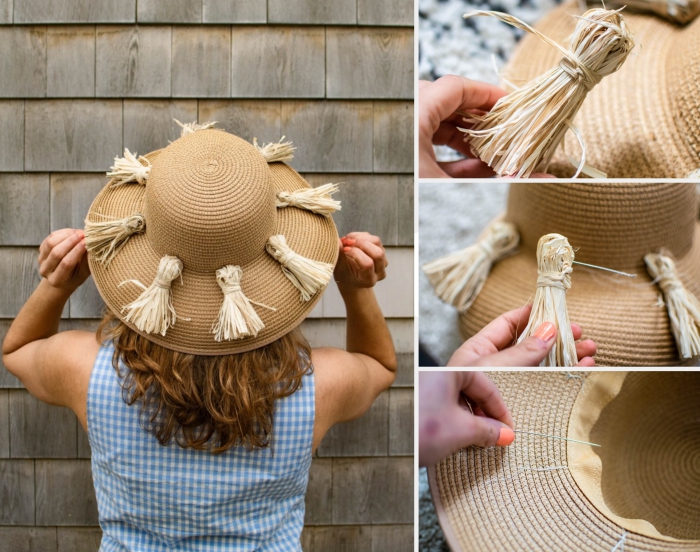 activité créative été, modèle de chapeau en paille personnalisé avec tassels en paille, diy accessoire avec pompons à franges