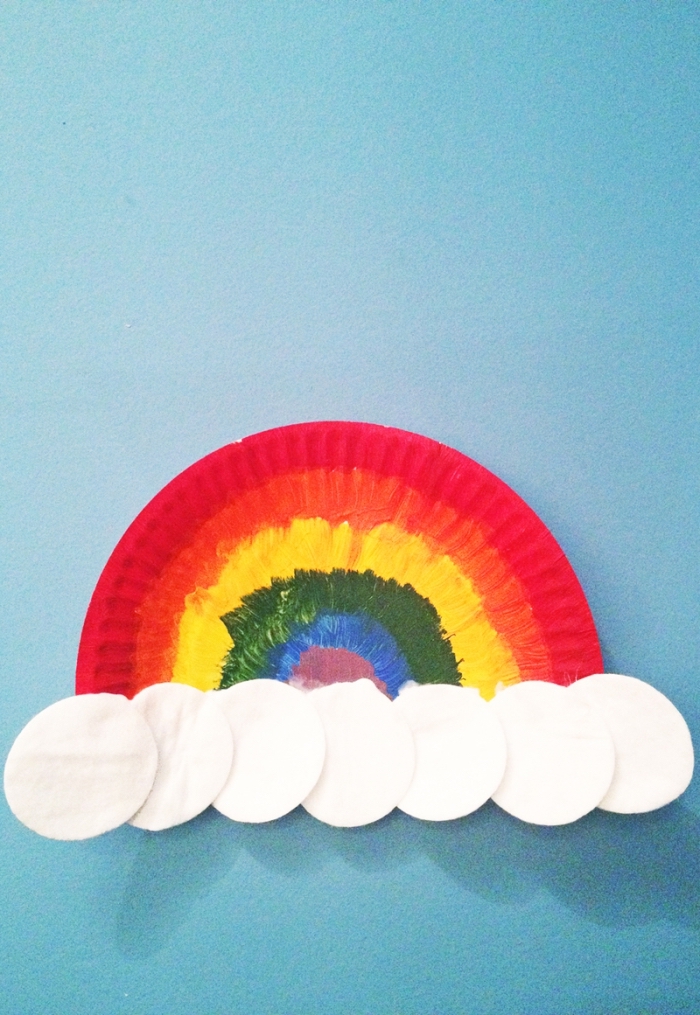 exemple arc en ciel fabriqué en assiette papier, créations en papier faciles pour enfants, idée activité manuelle primaire