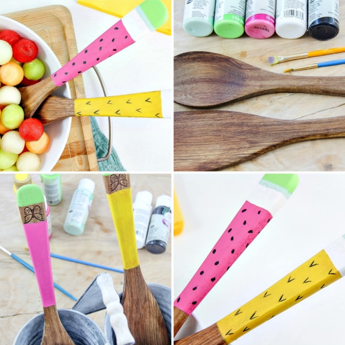 tutoriel facile comment décorer des cuillères en bois avec peinture aux motifs fruits, idée activité créative pour l'été
