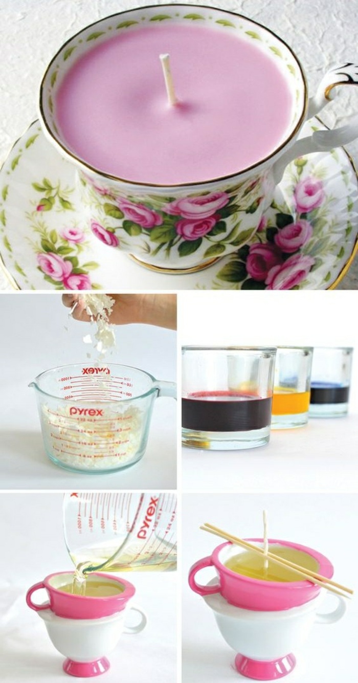 faire fondre une cire bougie au bain marie, bougie colorée en violet dans une tasse de thé blanche aux motifs floraux