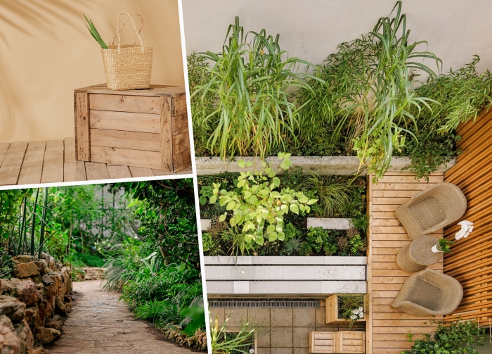 idee amenagement jardin sur différents niveaux, allée de jardin en pierre, petite terrasse en bois avec meuble tressé