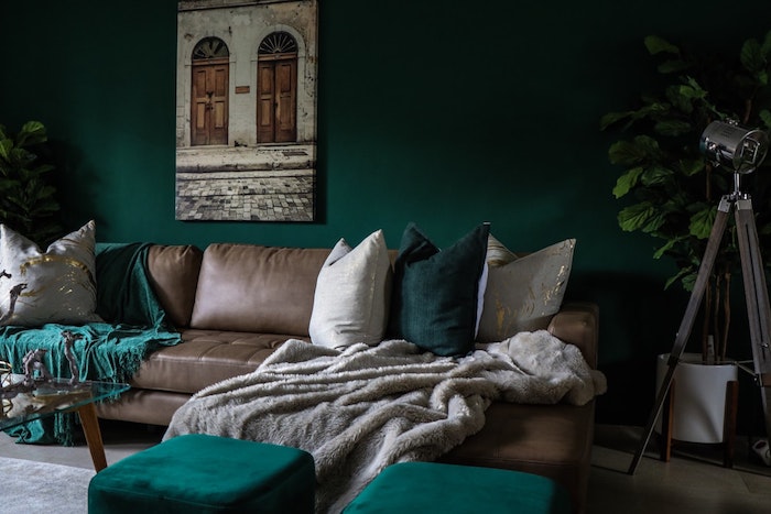 canapé gris, peinture murale verte, coussins et couverture grise, tabourets gris, plante verte dans un coin de la pièce