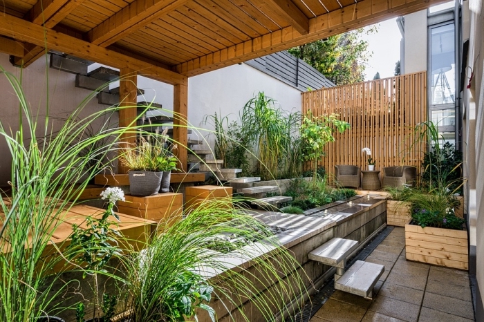 design extérieur style moderne avec meubles en bois, aménagement petit jardin avec clôture en bois et plantes vertes