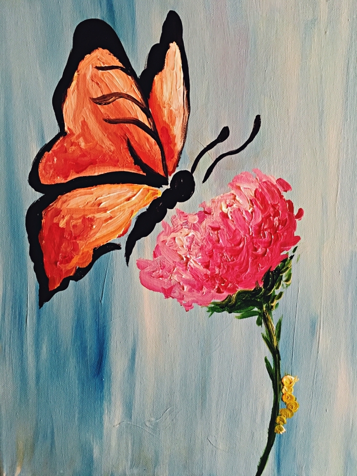 idée de tableau peinture à l'acrylique facile à réaliser pour débutants, peinture de papillon et fleur à l'acrylique sur un fond bleu ciel