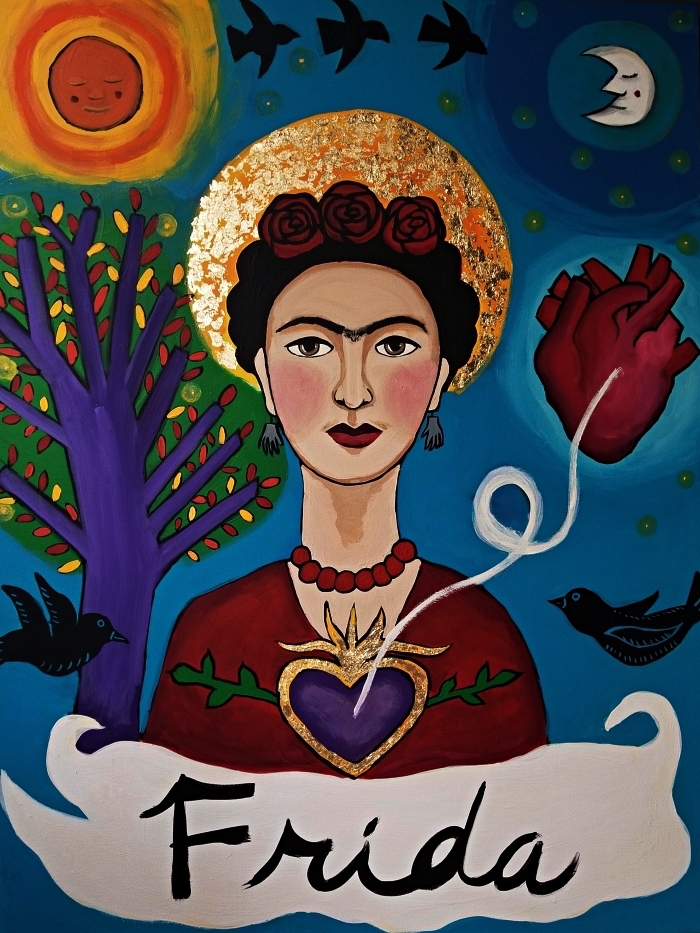 tableau peinture portrait frida kahlo à l'acrylique, toile en acrylique multicolore, portrait frida kahlo avec oiseau, arbre lune et coeur anatomique