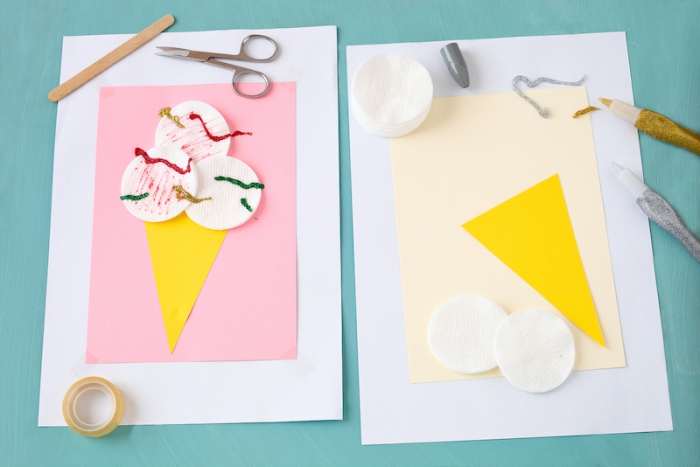 activité manuelle facile 3-5 ans, diy carte en papier coloré aux motifs glace réalisé avec un triangle jaune et trois bulles en tampon démaquillant