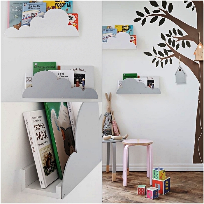 astuce rangement ikea pour la chambre d'enfant, étagère ikea personnalisée à design nuage, sticker mural arbre dans pour chambre d'enfant