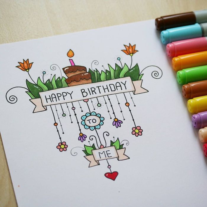 Beau dessin simple qui dit joyeux anniversaire à moi, image anniversaire drole, dessin anniversaire, coloriage gateau anniversaire