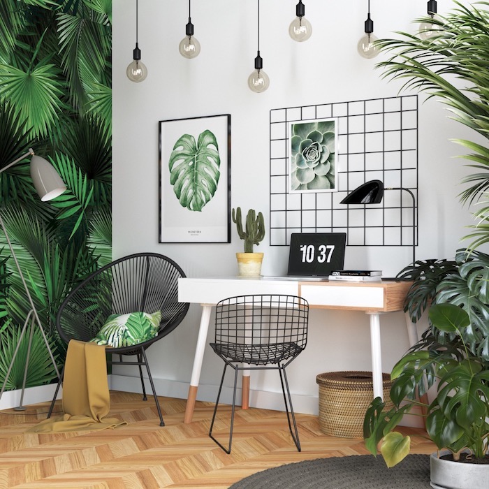 Papier peint palmiers, adorable chambre style bohème chic, bureau fait maison, décoration de bureau, déco chambre à coucher