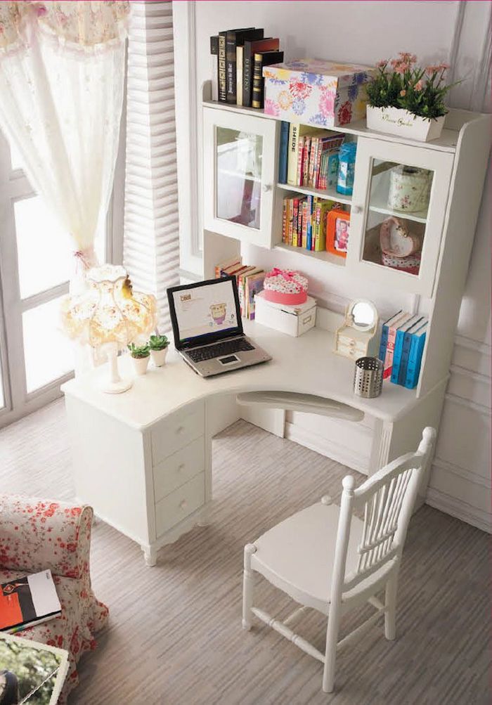 Bureau avec étagère, bureau en angle couleur blanc, chambre fille ado, décoration bureau professionnel, deco bureau