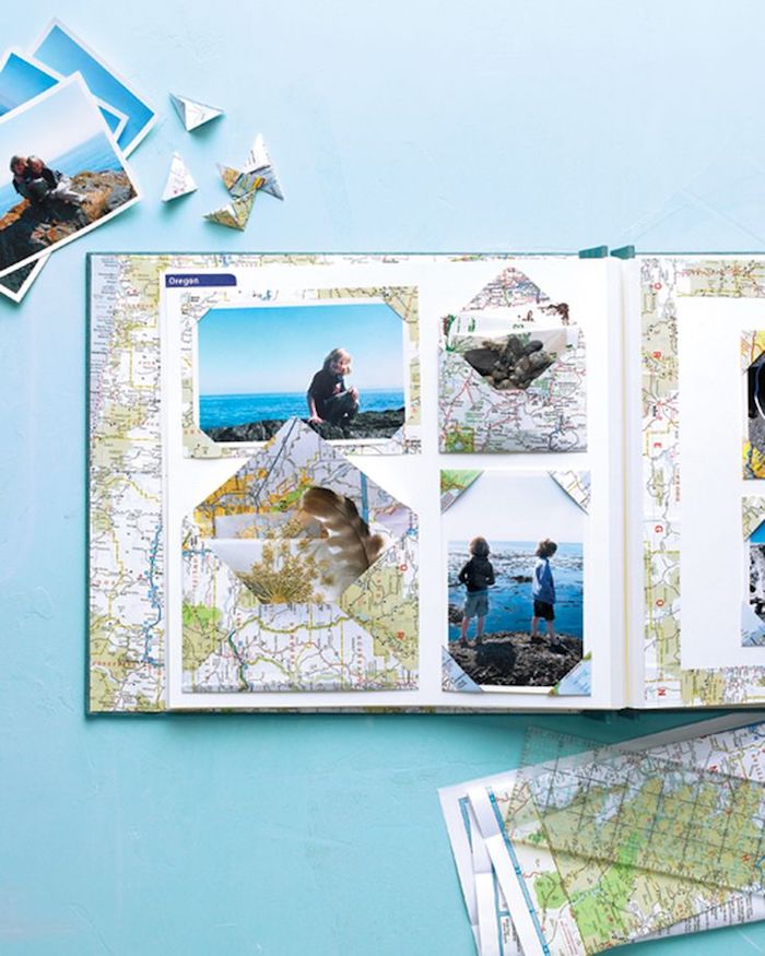 Page blanche avec photos de vacances d'été, cadre photo d'une carte de monde, comment faire un carnet de voyage, album photo scrapbooking