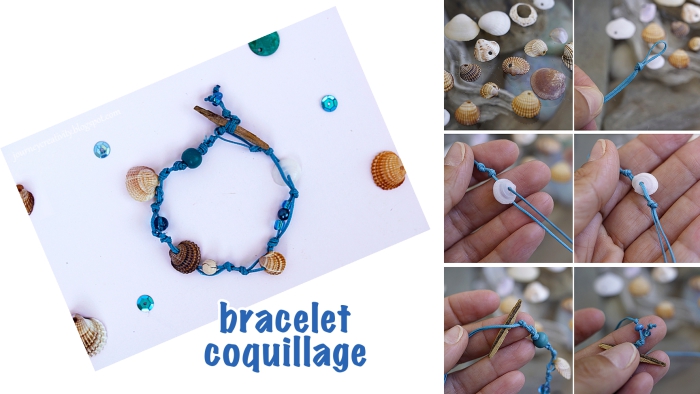 bricolage bijoux facile avec coquillage, tutoriel comment faire un bracelet en fil bleu avec petits coquillages