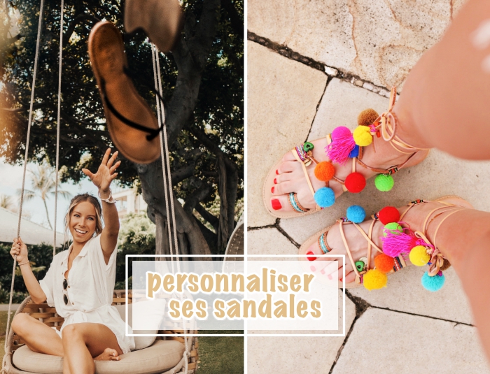décorer ses chaussures d'été avec pompons multicolore, modèle sandales bohème avec pompons et glands