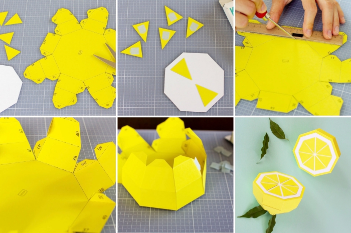 art de papier origami facile, diy citron 3D en papier cartonné, exemple comment fabriquer en citron en papier cartonné